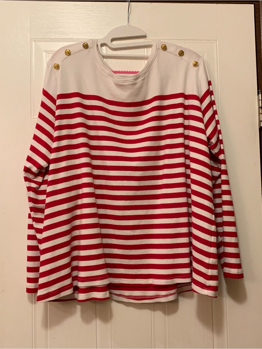 Kim Rogers Curvy Red White Striped Button Shoulder Top 1X
